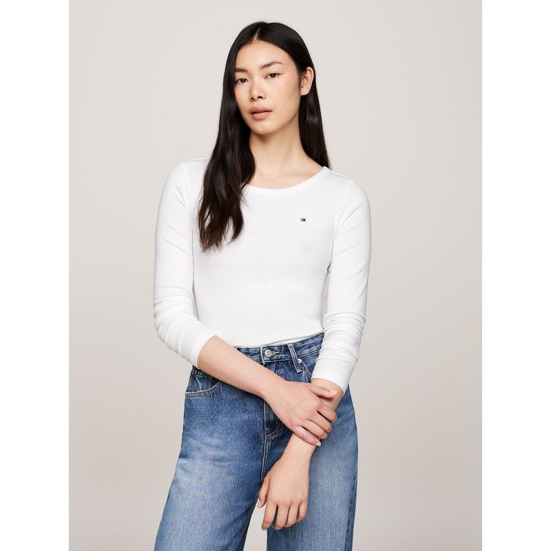 TOMMY HILFIGER - Polera Acanalada Slim Con Logo Blanco Tommy Hilfiger