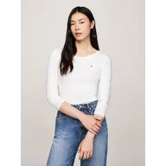 TOMMY HILFIGER - Polera Acanalada Slim Con Logo Blanco