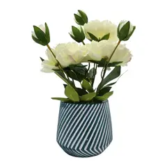 GENERICO - Planta Artificial Macetero a Rayas Con Rosas Decorativas - Blanco