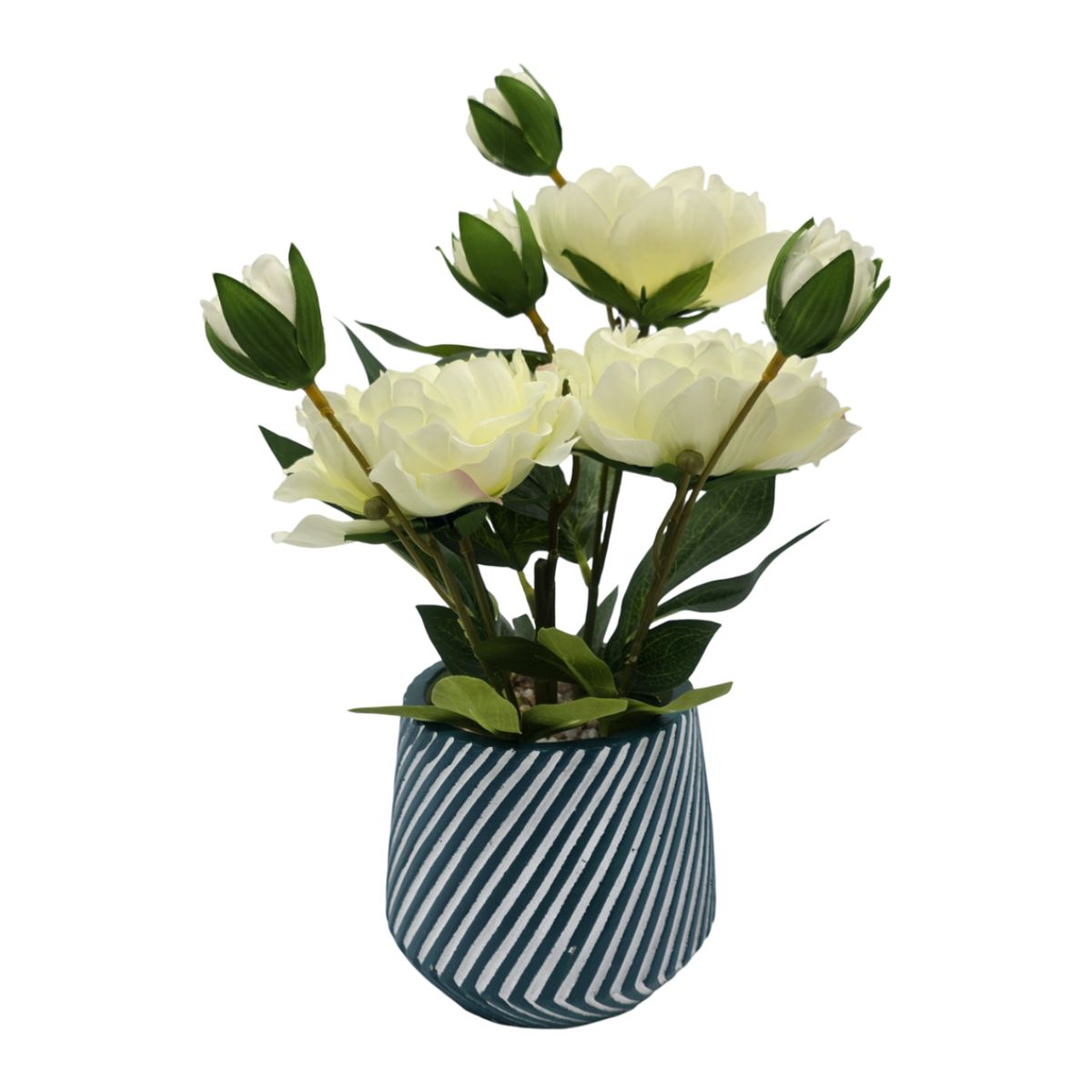 GENERICO - Planta Artificial Macetero a Rayas Con Rosas Decorativas - Blanco