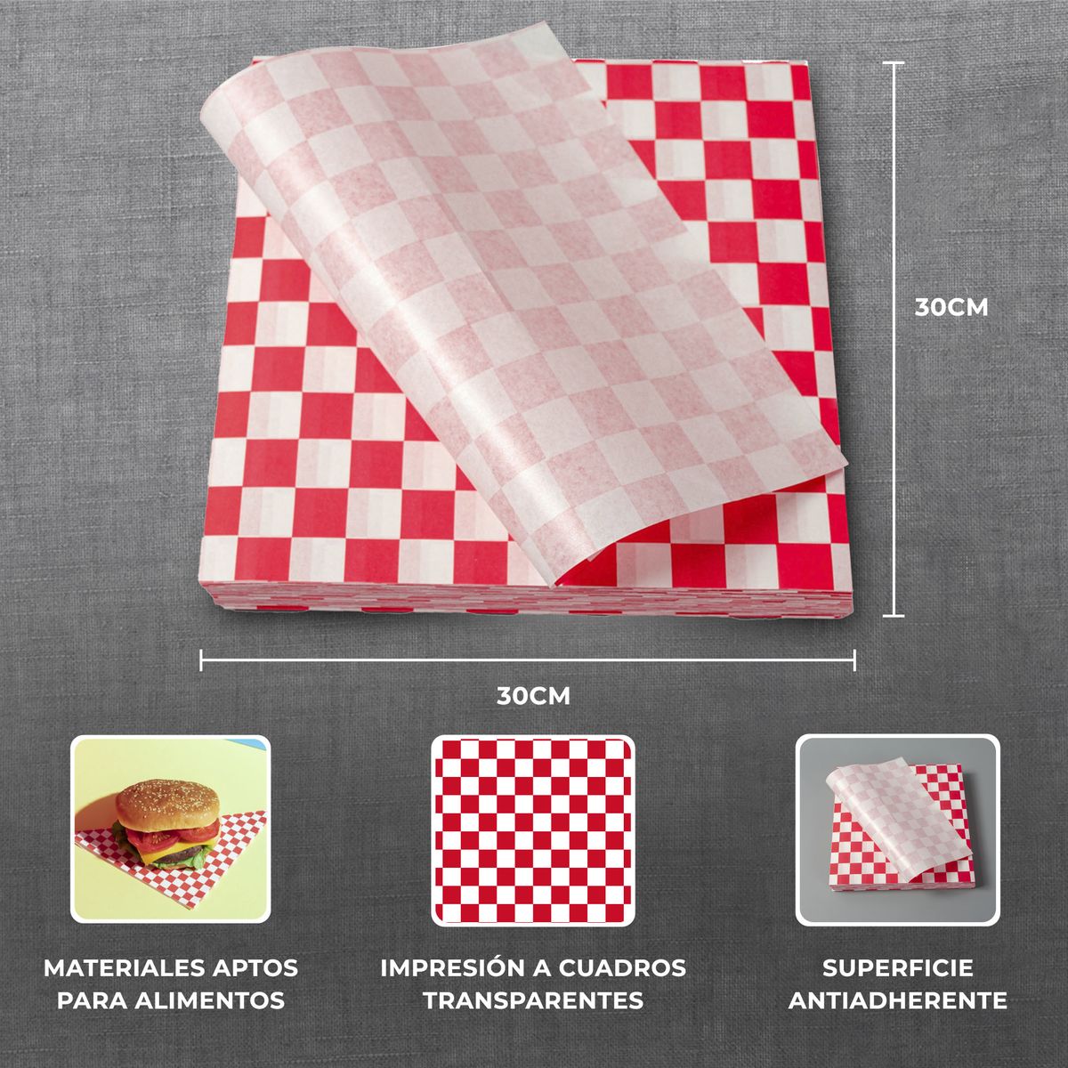 GENERICO - Papel Antigrasa Cuadros Rojos 33x33cm 1 X 100 Hojas