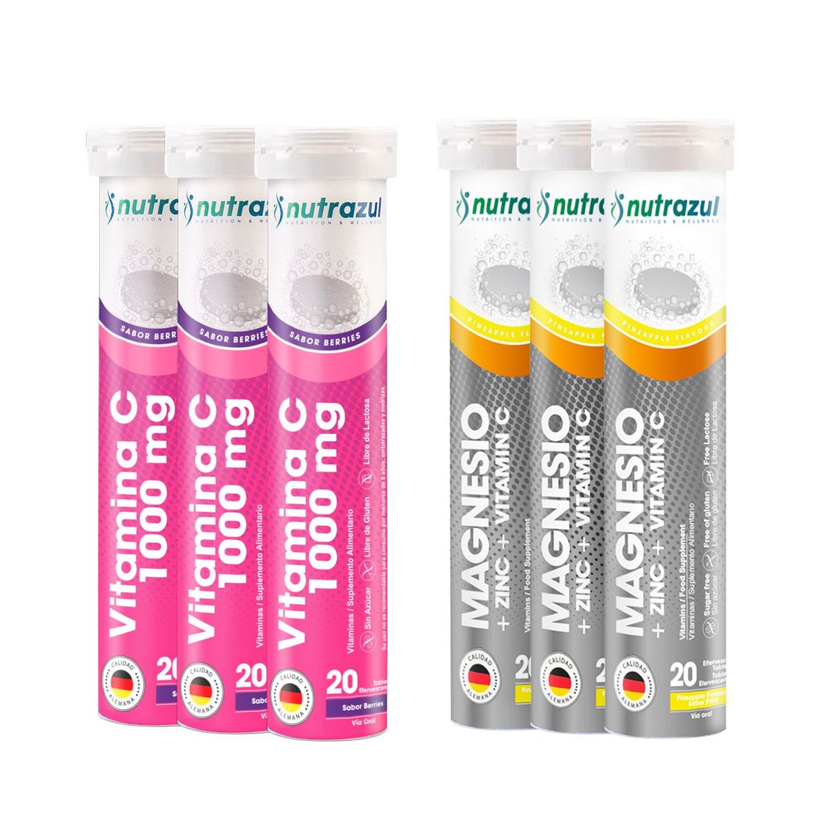 NUTRAZUL - Magnesio 350 mg + Zinc (3) + Vitamina C 1000 mg (3) - Pack 6 unidades..