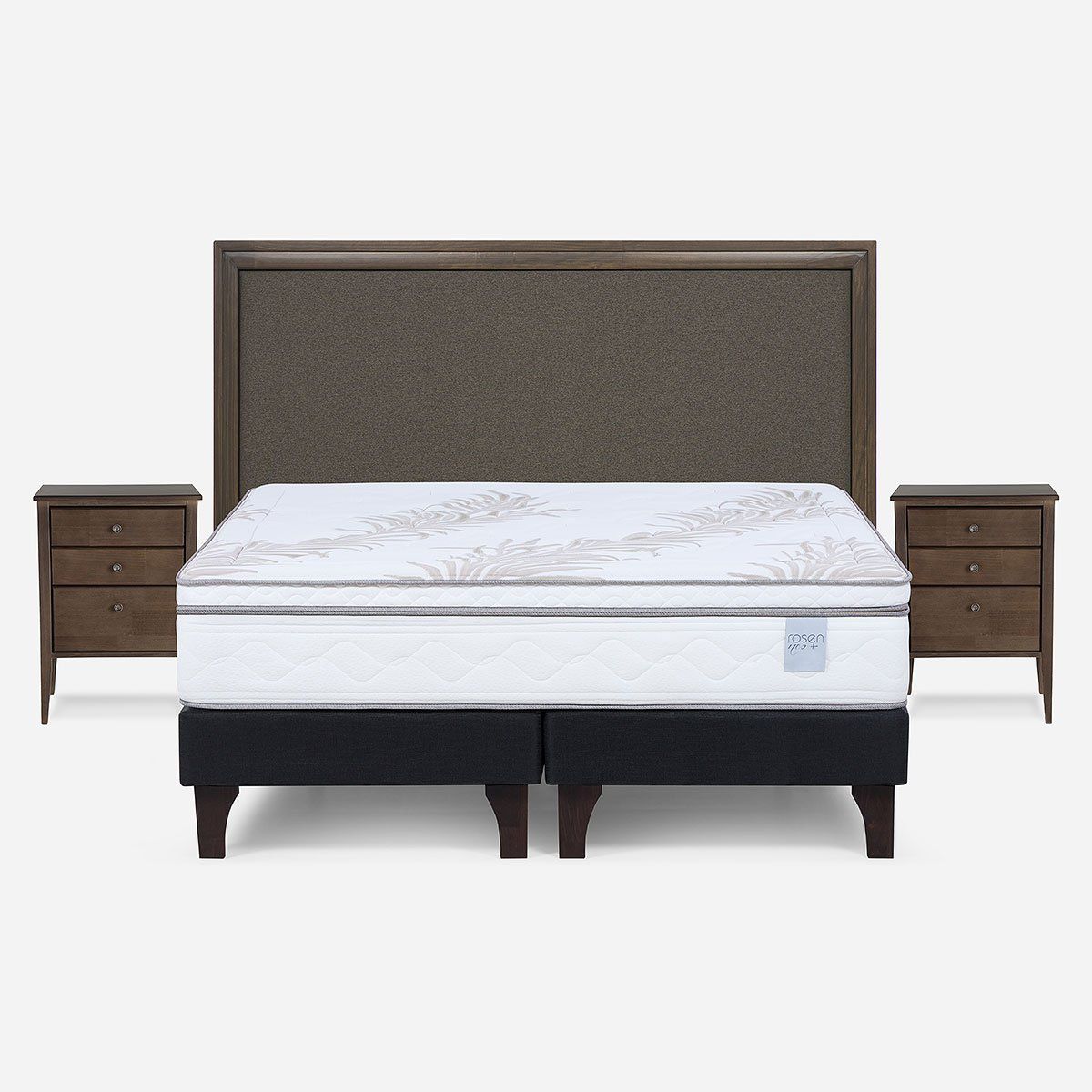 ROSEN - Cama Europea Neo Plus 2 Pl BD +Respaldo Nolita Café+Velador