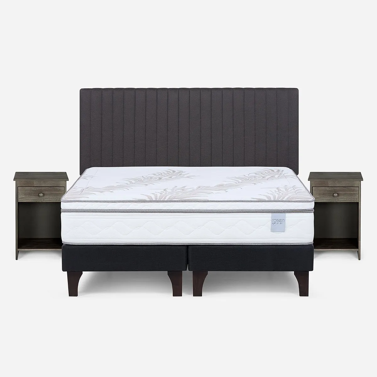 ROSEN - Cama Europea Neo Plus 2 Plazas + Respaldo + Velador Grafito