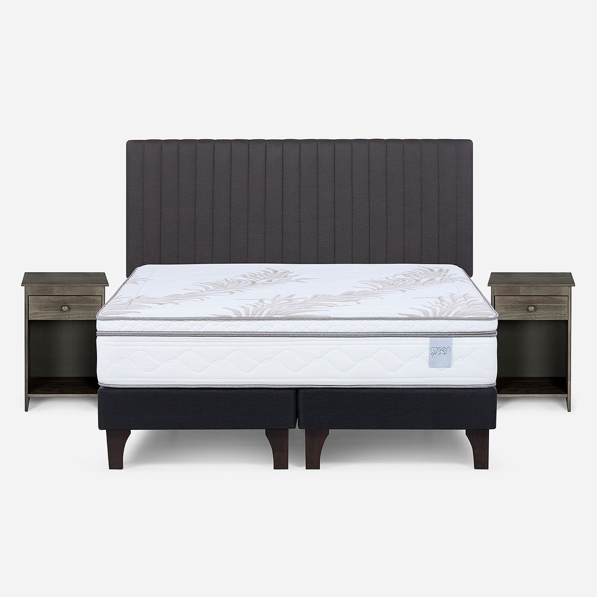ROSEN - Cama Europea Neo Plus 2 Plazas + Respaldo + Velador Grafito
