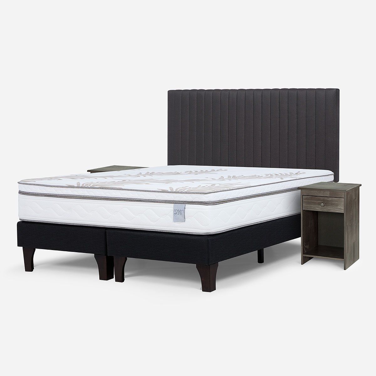 ROSEN - Cama Europea Neo Plus 2 Plazas + Respaldo + Velador Grafito