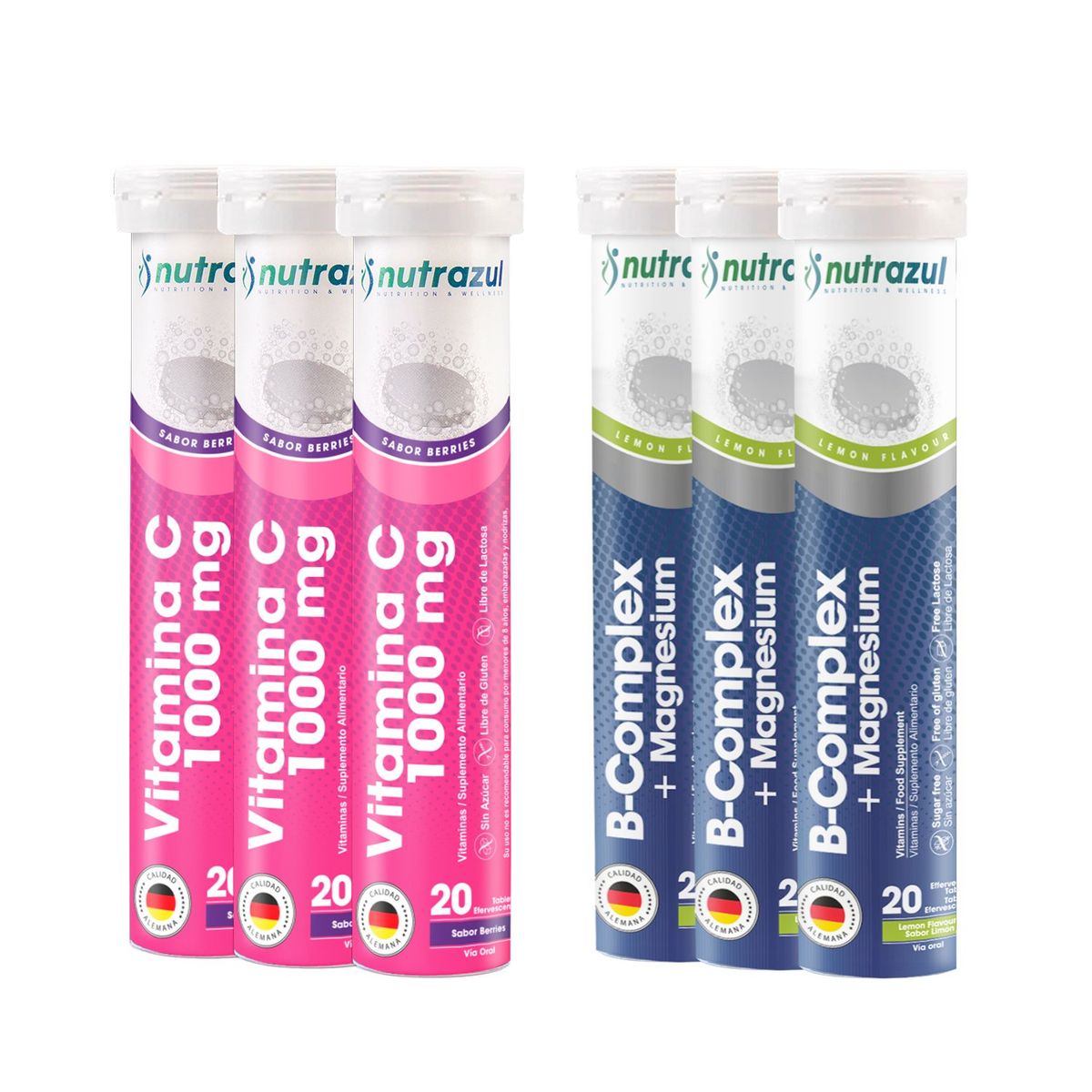 NUTRAZUL - Bcomplex - Magnesio (3) +  Vitamina C 1000 mg (3)  - Pack 6 unidades..