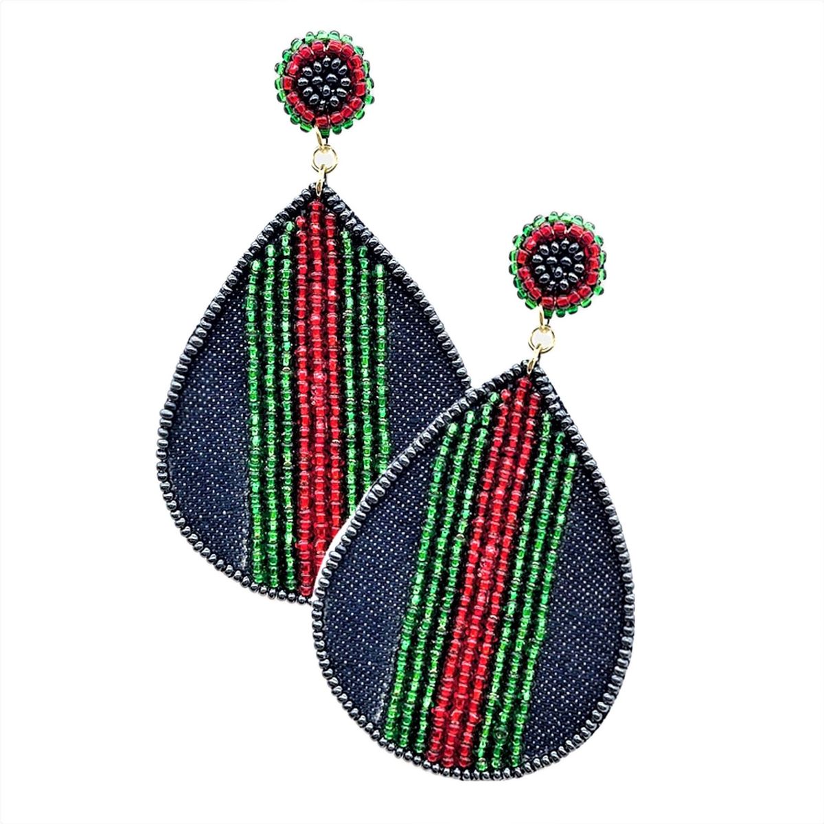 VANE COLLECTION - Aros para mujer boho liviano diseño denim y rojo bordado a mano