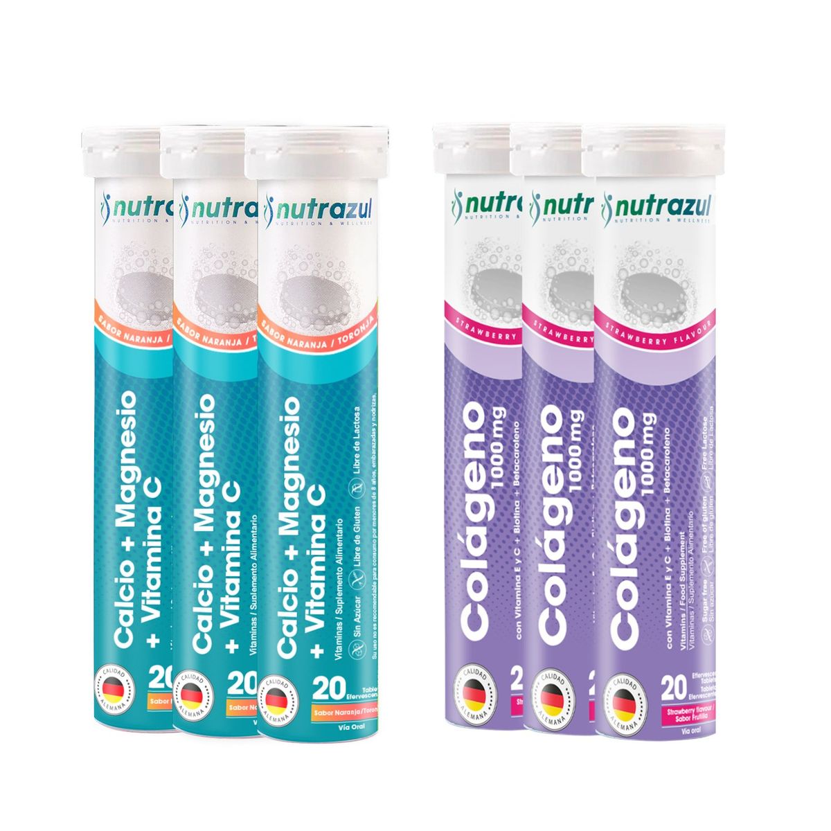 NUTRAZUL - Calcio - Magnesio (3) + Colágeno Marino Hidrolizado 1000 mg (3 ) - Pack 6 u.