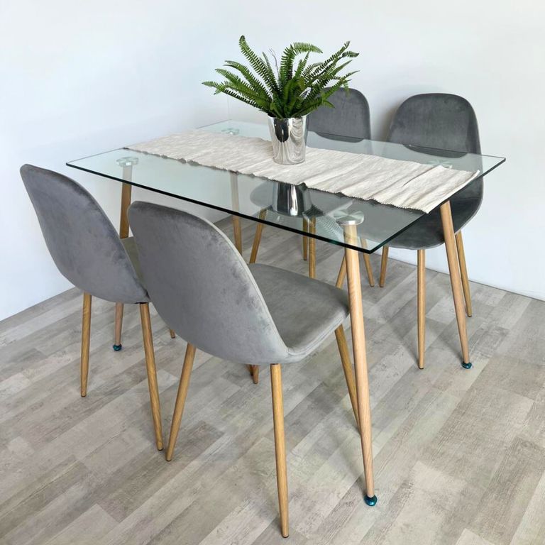 Comedor Minimalista - Mesa Vidrio 120x80 + 4 Sillas Isy Gris Gris claro COMVITREO120ISYGRIS4