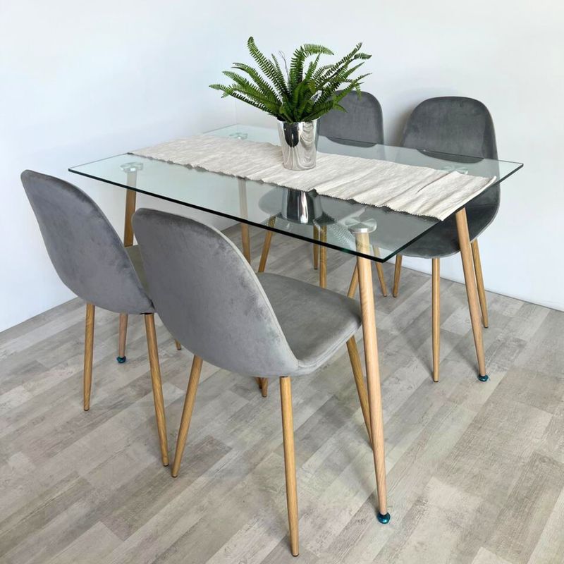 PANDALINO - Comedor Minimalista - Mesa Vidrio 120x80 + 4 Sillas Isy Gris