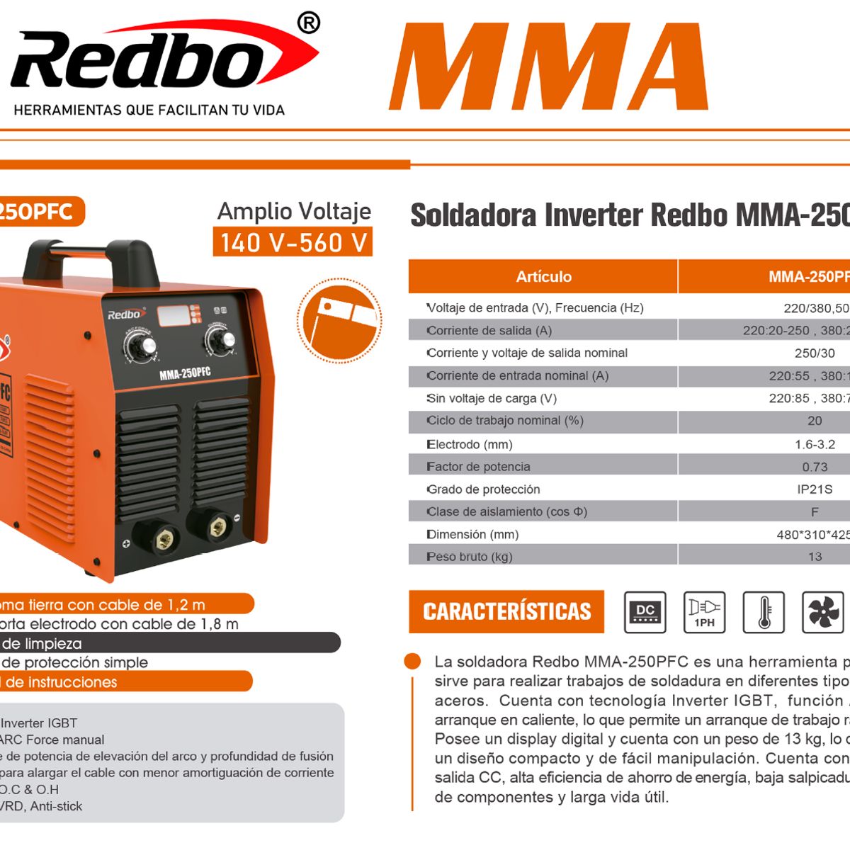 REDBO - Soldadora Inverter REDBO MMA-250PFC