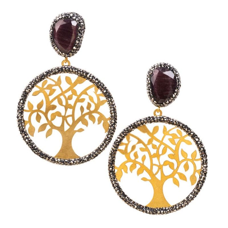 VANE COLLECTION - Aros mujer fantasía fina baño oro arbol de la vida y piedras hematita
