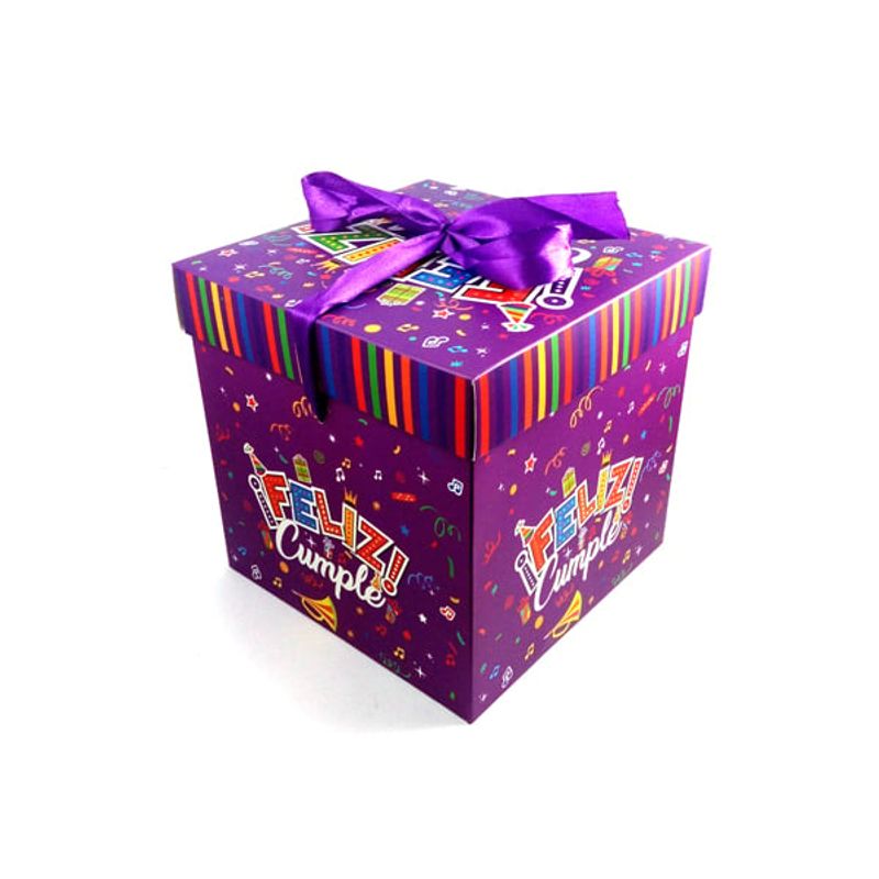 GENERICO - CAJA PLEGABLE FELIZ CUMPLE MORADO CHICA 10X10CM X12 UNI