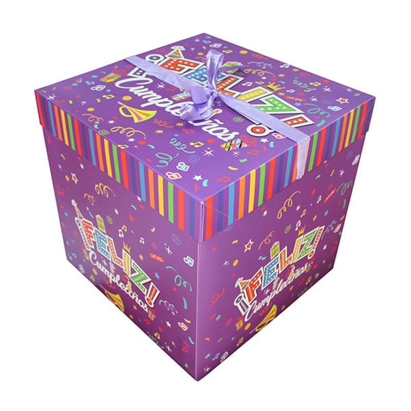 GENERICO - CAJA PLEGABLE FELIZ CUMPLE MORADO GIGANTE 30X30CM X12 UNI