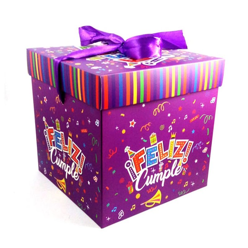 GENERICO - CAJA PLEGABLE FELIZ CUMPLE MORADO GRANDE 22X22CM X12 UNI