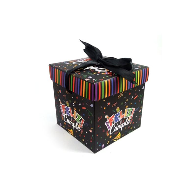GENERICO - CAJA PLEGABLE FELIZ CUMPLE NEGRO CHICA 10X10CM X12 UNI
