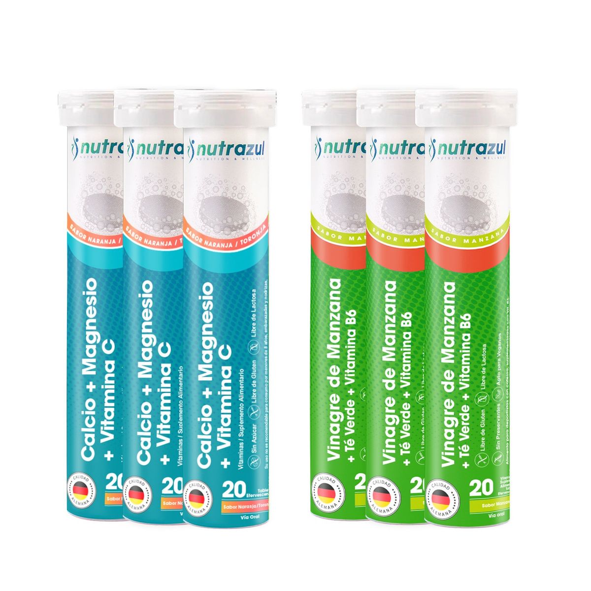 NUTRAZUL - Calcio - Magnesio (3) + Vinagre de Manzana - Té Verde (3 ) - Pack 6 u.