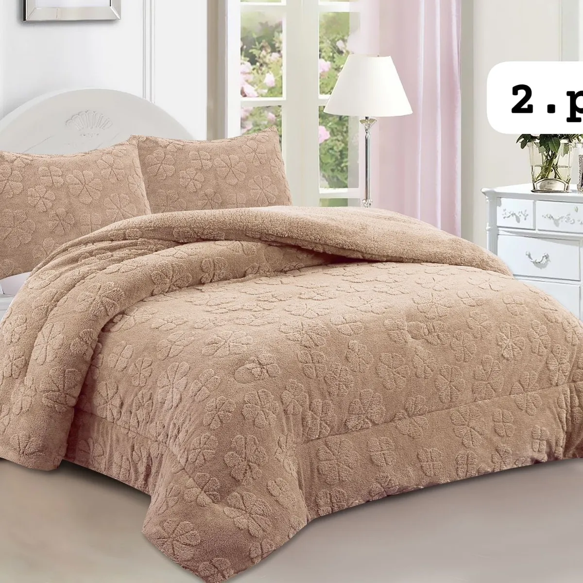 GENERICO - Cobertor de invierno Texturizado con CHIPORRO 2 Plazas FLORES BEIGE