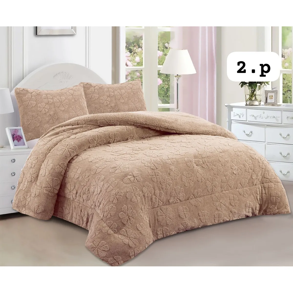 GENERICO - Cobertor de invierno Texturizado con CHIPORRO 2 Plazas FLORES BEIGE