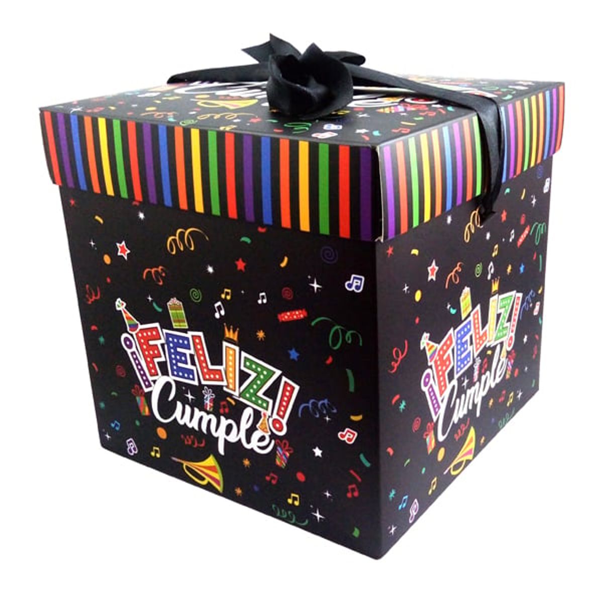 GENERICO - CAJA PLEGABLE FELIZ CUMPLE NEGRO GRANDE 22X22 CM X12 UNI