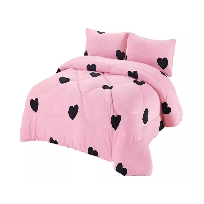 GENERICO - Cobertor Plush Con Chiporro 2 Plaza Corazones Negro + Fundas