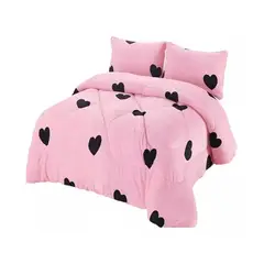 GENERICO - Cobertor Plush Con Chiporro 2 Plaza Corazones Negro + Fundas
