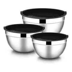 CASTLEN - Set 3 Bowls De Cocina Acero Inoxidable Con Tapa Para Mezclar