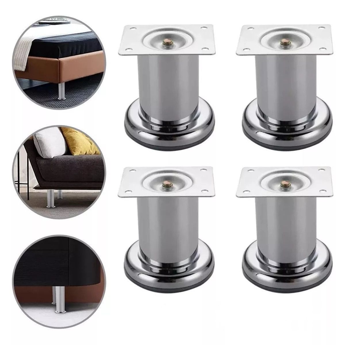 KUANGYE - Pack 4 Patas Para Sofá Muebles Metálicas Altura Redonda 10cm Cromo