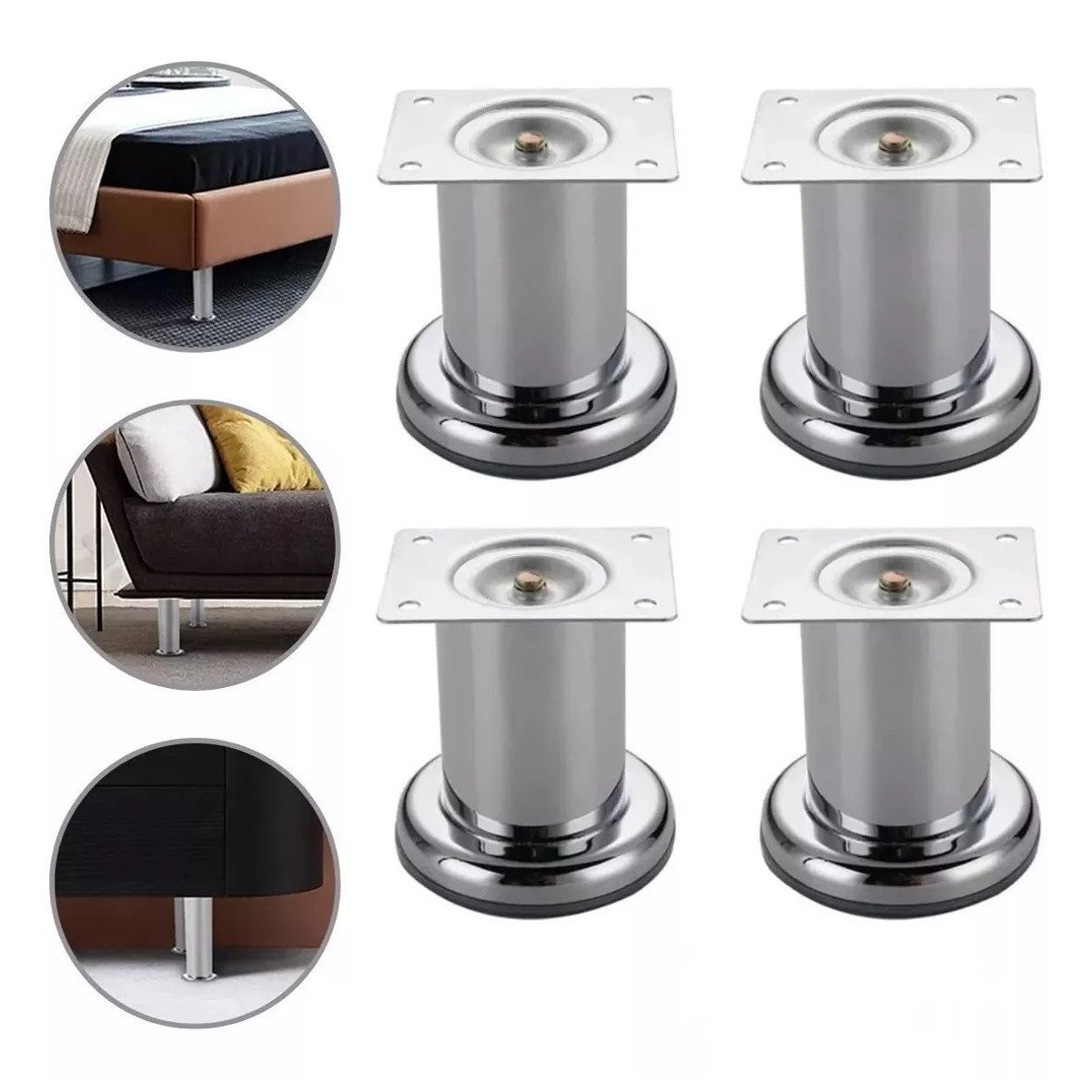 KUANGYE - Pack 4 Patas Para Sofá Muebles Metálicas Altura Redonda 10cm Cromo
