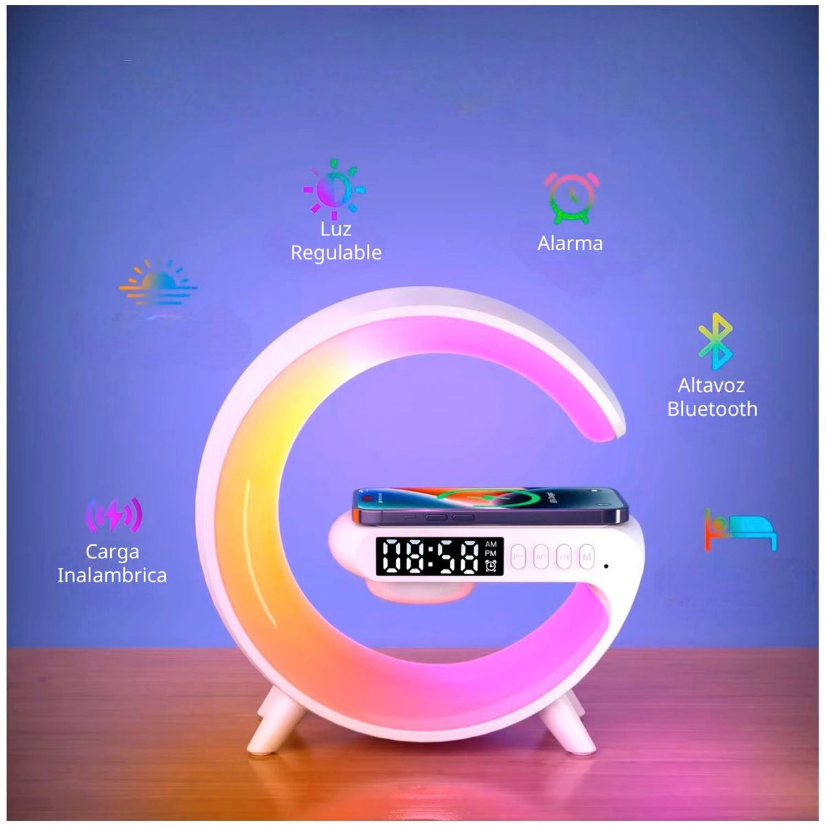 GENERICO - Mini Cargador Inalámbrico, Bocina, Luz, Despertador 4 En 1
