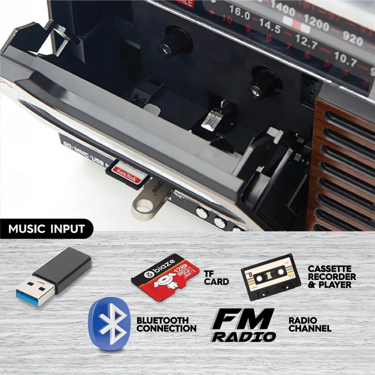 VIDITA - Radio Cassette Bluetooth Retro Vintage Antigua AmFm MP3 SD USB a Pilas