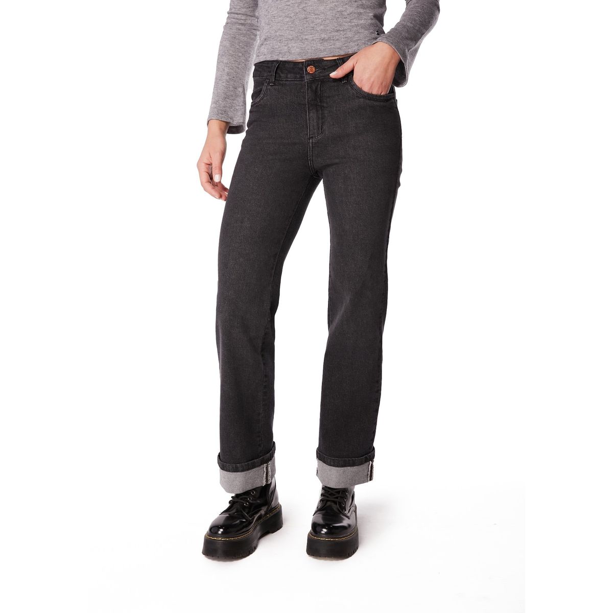 EFESIS - JEANS ROLA BLACK RECTO TIRO BAJO ROLL UP - Negro