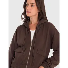 BSOUL - Polerón Mujer Hoodie Zip Cargo Café
