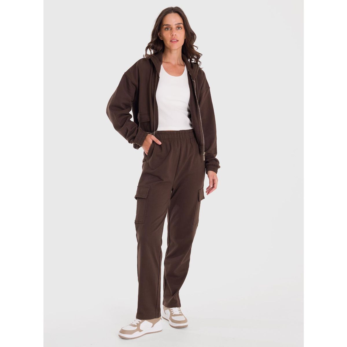 BSOUL - Polerón Mujer Hoodie Zip Cargo Café BSOUL