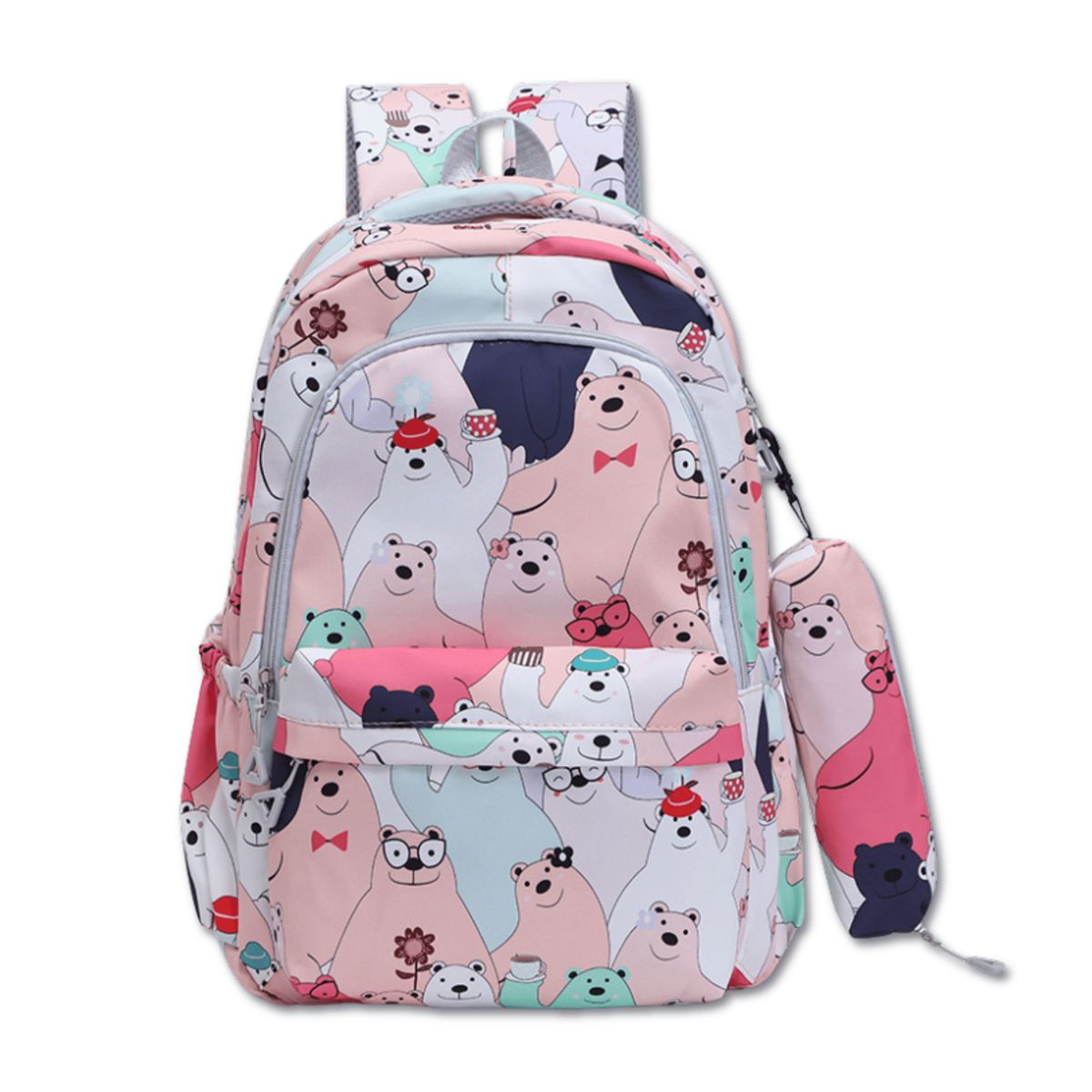 UTILISIMO - Mochila Escolar 44cm Diseño Estampado Cats and Bears Coral Pink Bears