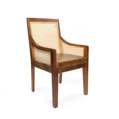 NECTAR - Silla Himalaya con brazo rattan asiento de cuero café 50 x 57 x 94 cm