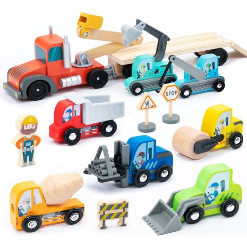 GENERICO - Set De 8 Camiones De Juguete De Construccion En Madera