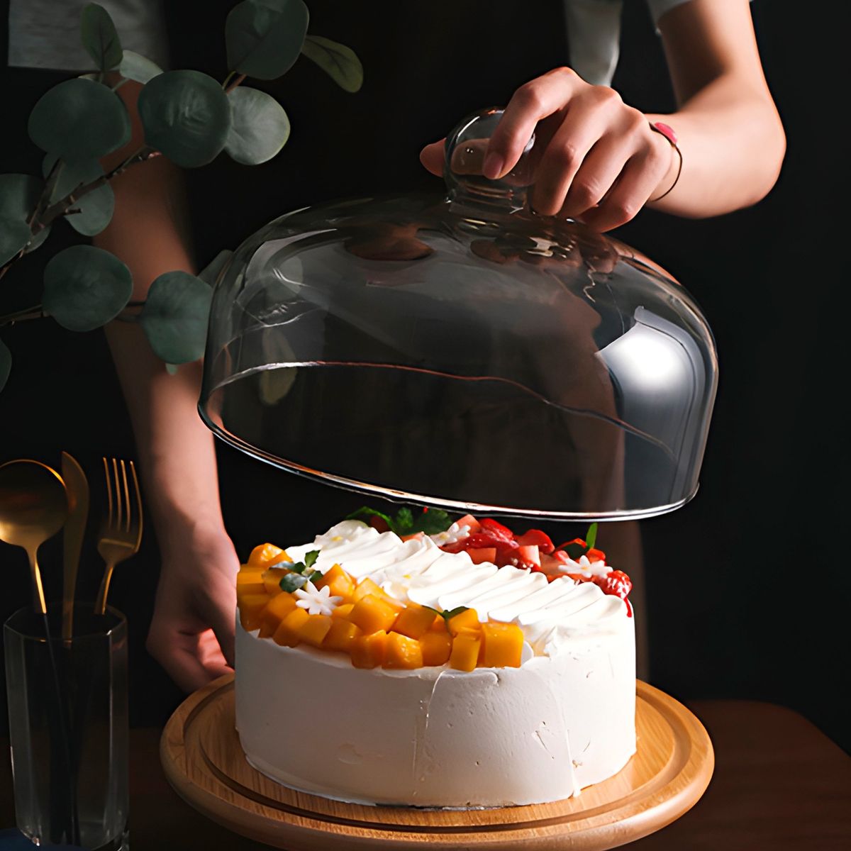 GENERICO - Exhibidor Torta Vidrio Base Pasteles Bambú Soporte con tapa