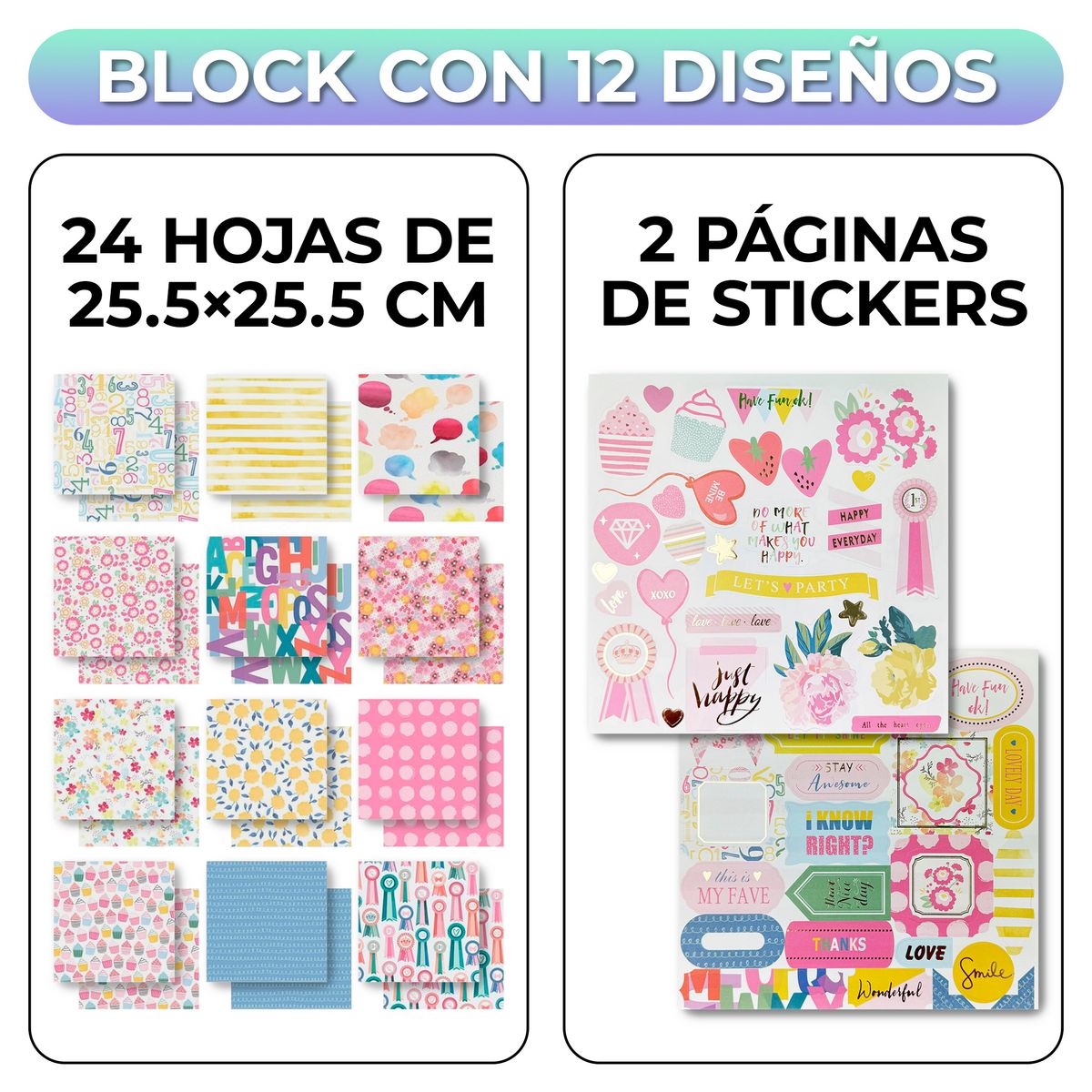 GENERICO - Block Paper Pad Scrapbooking 24 Hojas 12 Diseños 25.5x25.5cm