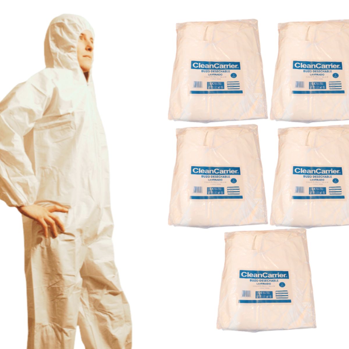 CLEANCARRIER - Pack 5 Buzos Desechable Polipropileno Blanco Cleancarrier - Talla XL