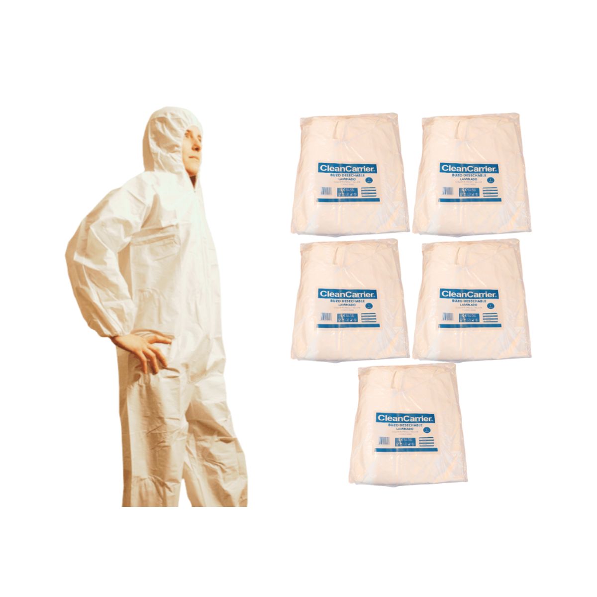 CLEANCARRIER - Pack 5 Buzos Desechable Polipropileno Blanco Cleancarrier - Talla XL