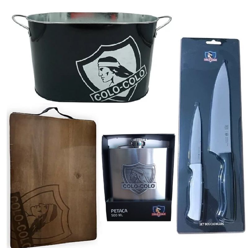TITANIO - Set Parrillero 4 Piezas Cuchillos Tabla Hielera Petaca Colo Colo