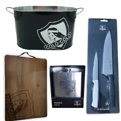 TITANIO - Set Parrillero 4 Piezas Cuchillos Tabla Hielera Petaca Colo Colo