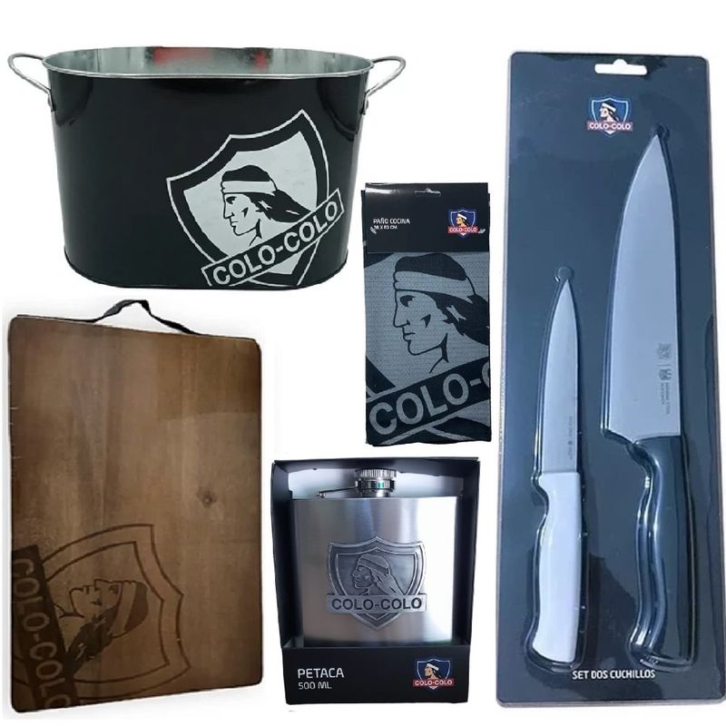 TITANIO - Set Parrillero 5 Piezas Cuchillos Tabla Hielera Petaca Paño Colo Colo