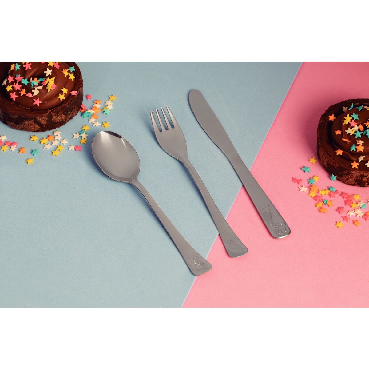 TRAMONTINA - Juego de cubiertos para niños Tramontina Baby Friends de acero inoxidable terminación brillante con dibujo en alto relieve 4 piezas