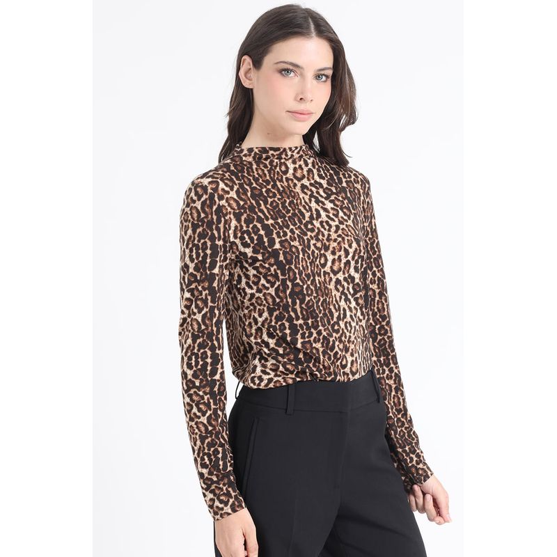 LIOLA - Polera Tipo Beatle, Estampado Animal, Café Liola