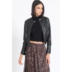 LIOLA - Chaqueta Crop Efecto Cuero Negro