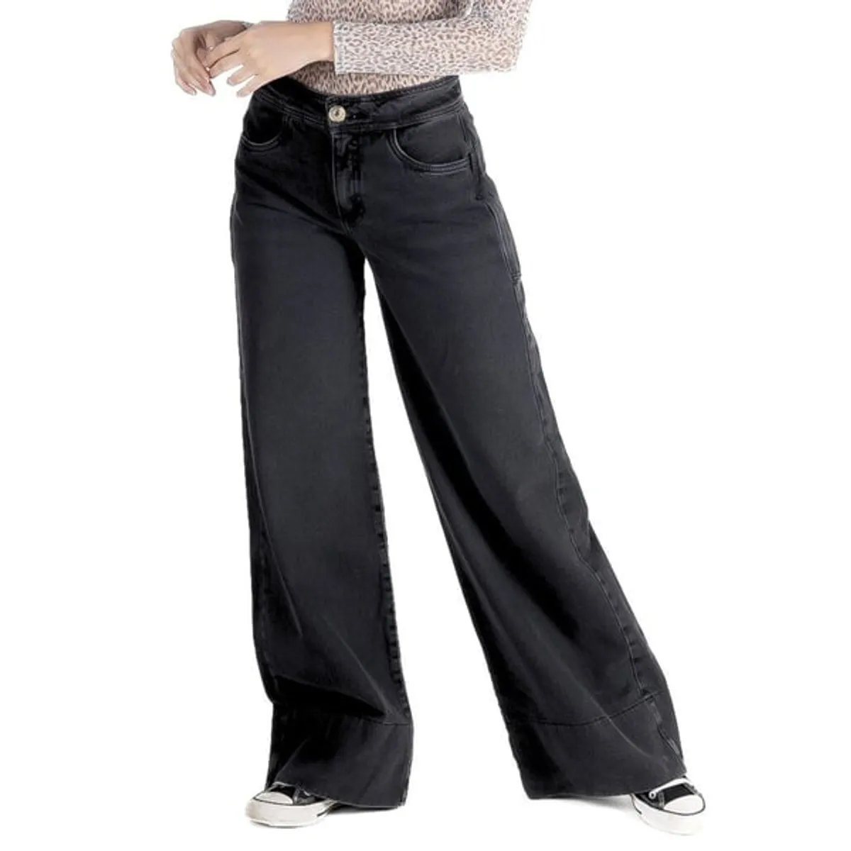 ME QUIERE MUCHO POQUITO NADA - Jeans Negro Wide Leg con Bastilla Ancha - Influencers - MQM