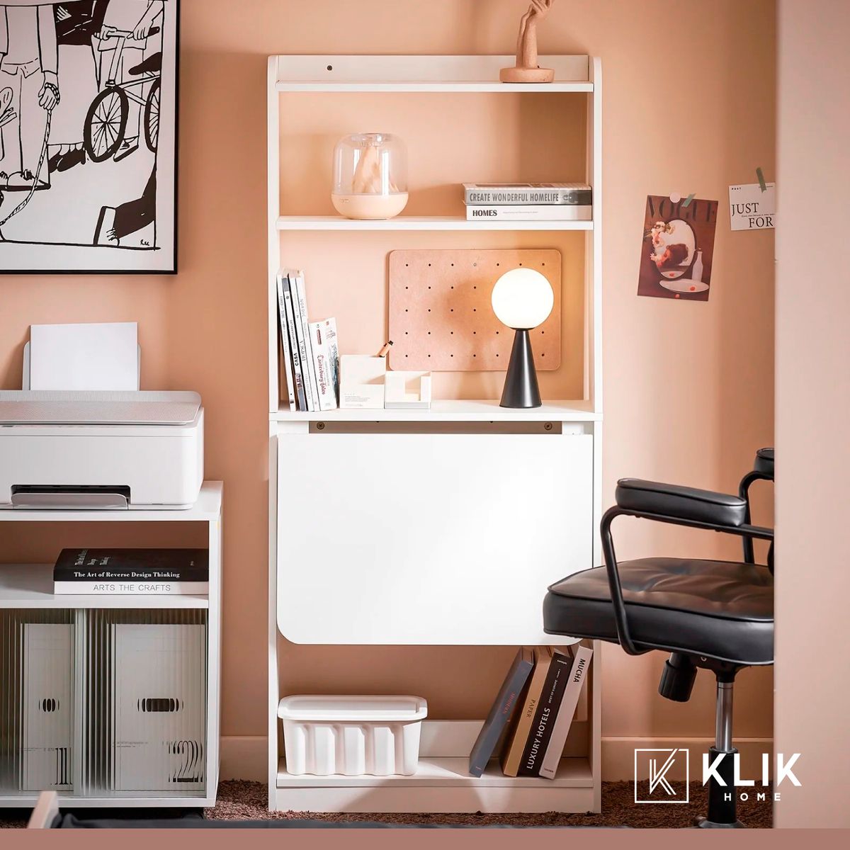 KLIK - Estantería con Escritorio Plegable Compacto - Blanco - Blanco